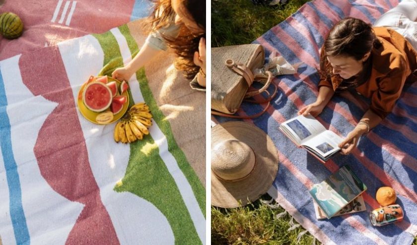 Eco-friendly picnic blankets with California-inspired colors and traditional Mexican patterns