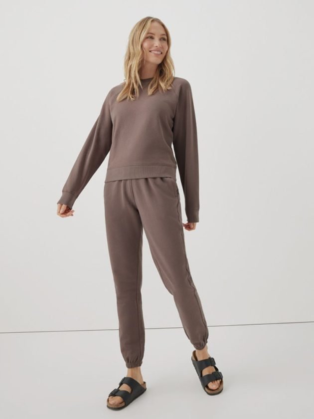 brown-gray organic sweatshirt and sweatpants from affordable sustainable fashion brand Pact