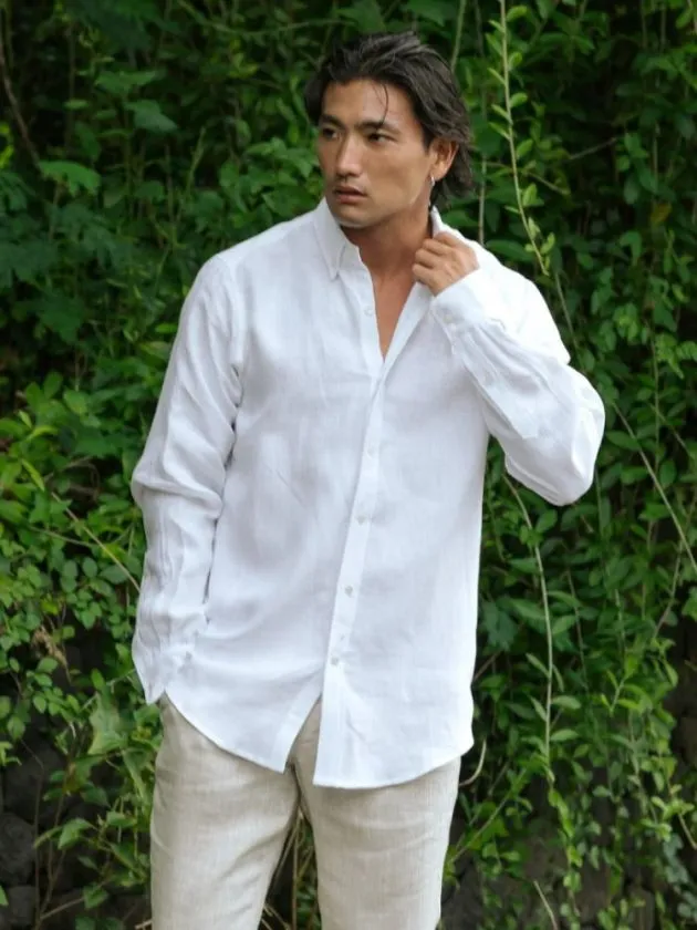 man wearing white linen top from linen clothing brand Magic Linen