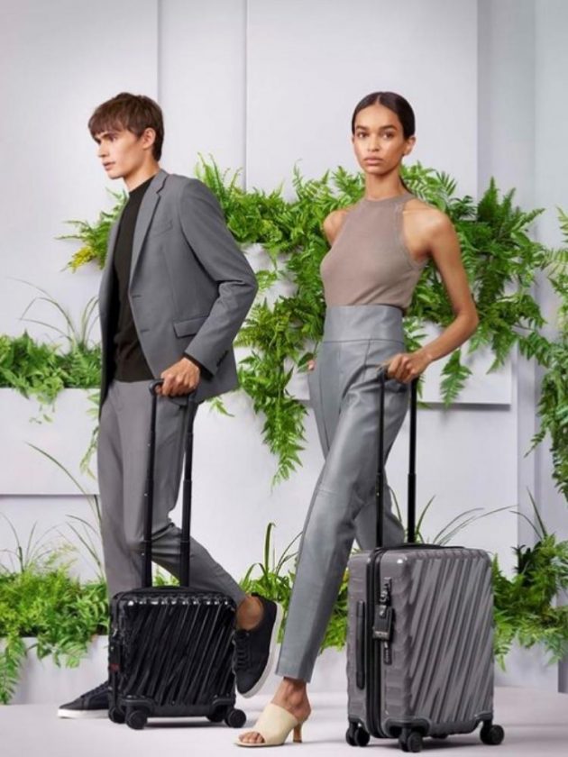 Sustainable grey and black luggage from Tumi's Recycled Luggage