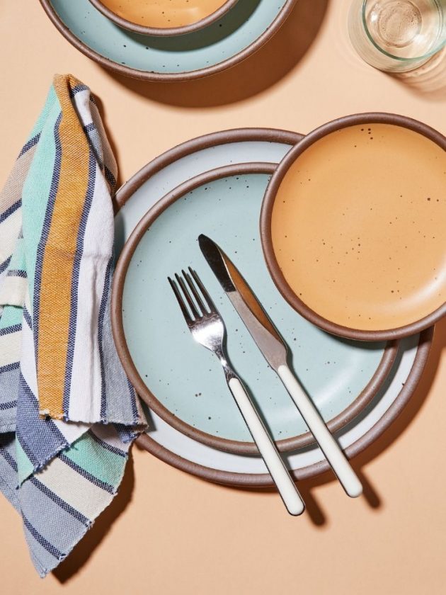 ethical dinnerware in blue and orange from East Fork