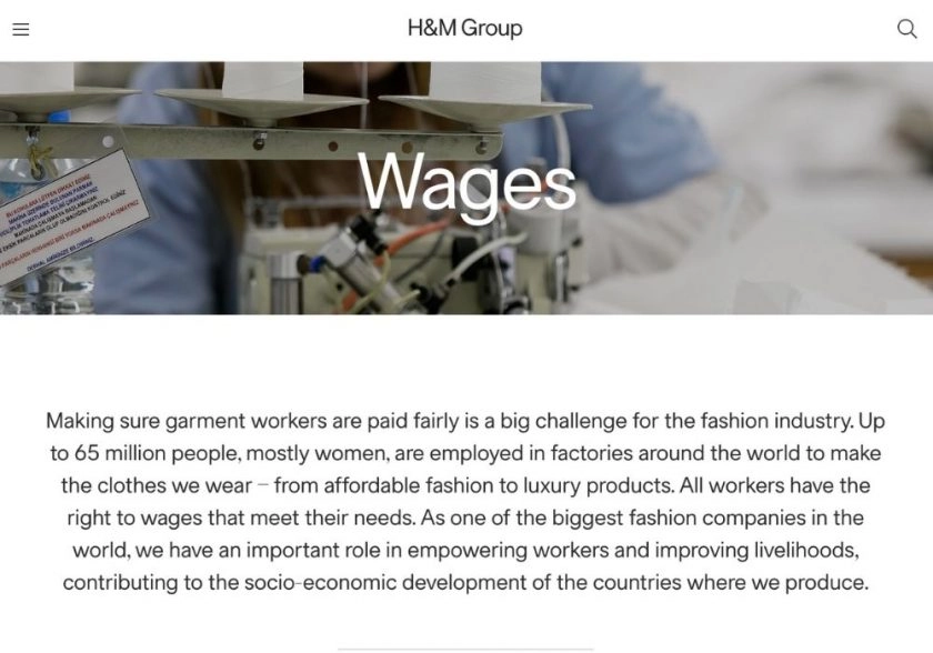 Screenshot of Wages page on H&M website