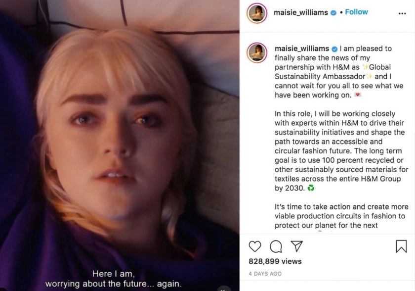 Instagram post by influencer Maisie Williams for H&M greenwashing campaign