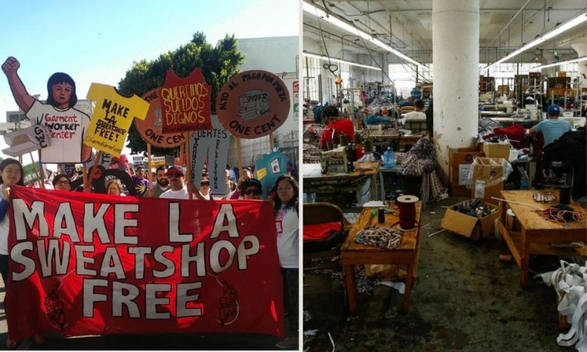 Garment workers with "Make LA Sweatshop" free sign on the left and a garment factory in Los Angeles on the right