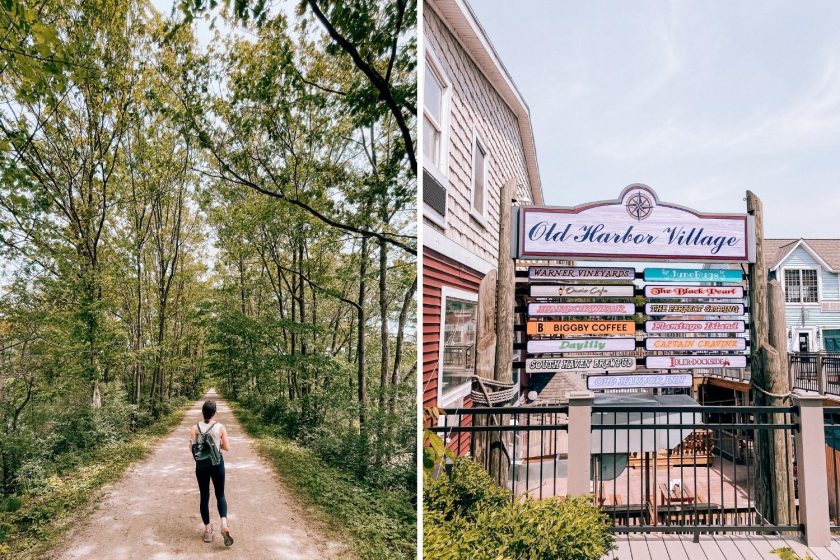 Left image: Elizabeth walking on trail in the forest. Right image: Old Harbor Village sign in South Haven, Michigan.