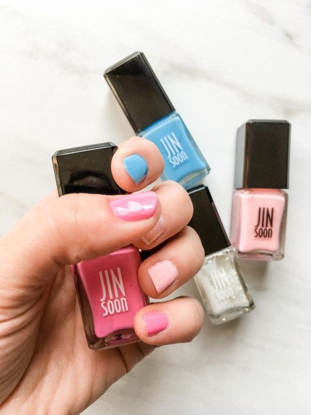 Ethical pink, blue, pink glitter polish from Jin Soon