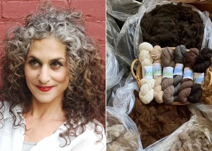 Portrait of Laura Sansone next to bags of wool in different shades of brown