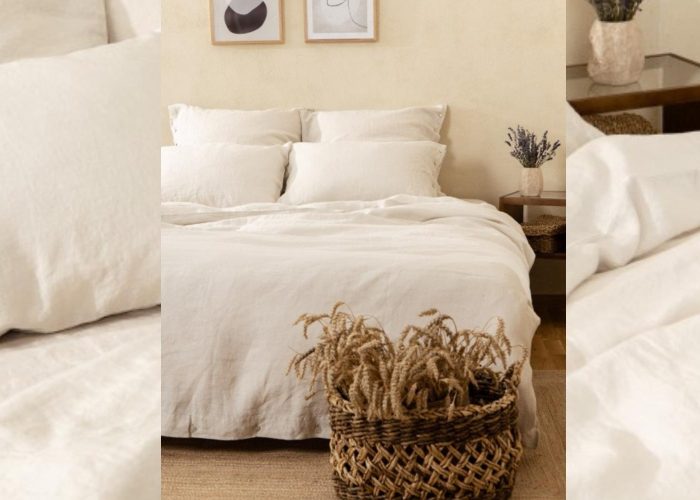 beige linen bedding