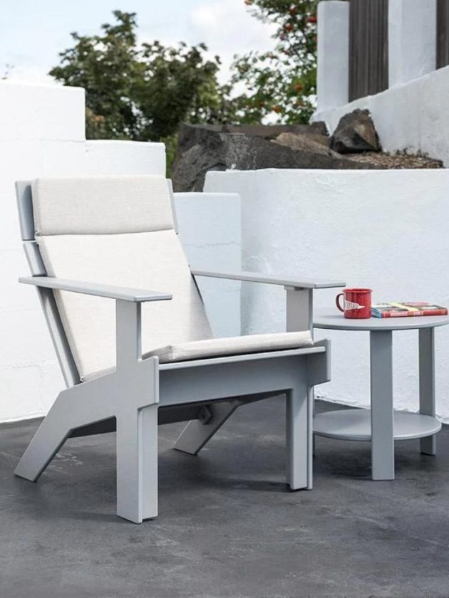 gray and white sustainable outdoor chair and outdoor table