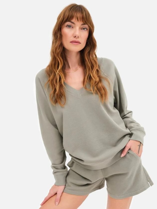 model wearing sustainable muted green loungewear set from Mate The Label