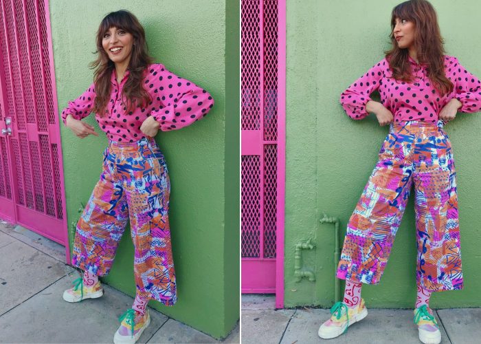 Two images of Natalie Shehata in a bright colorful outfit