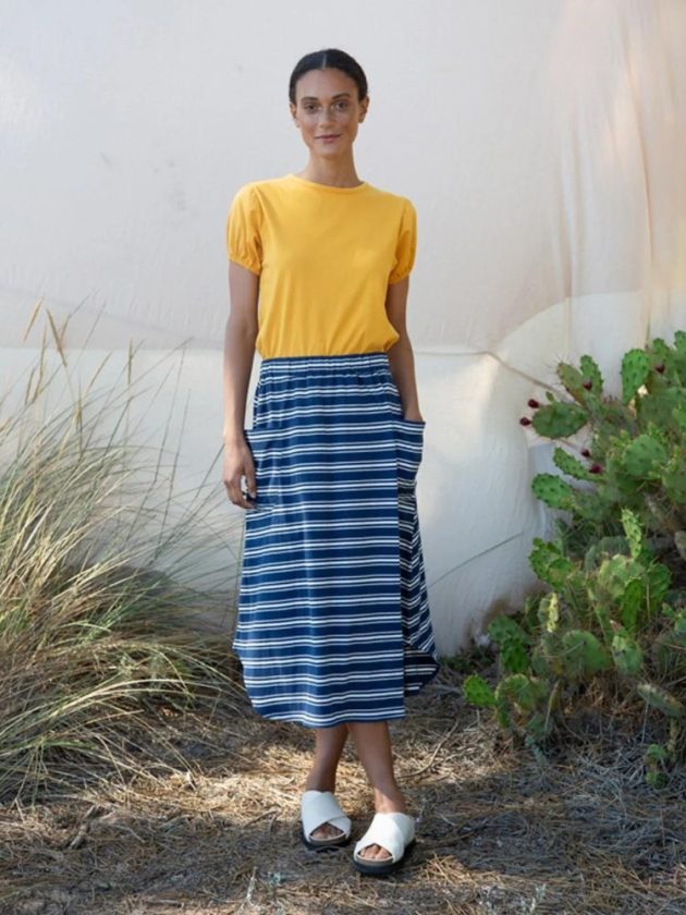 Organic cotton yellow shirt and blue and white striped skirt