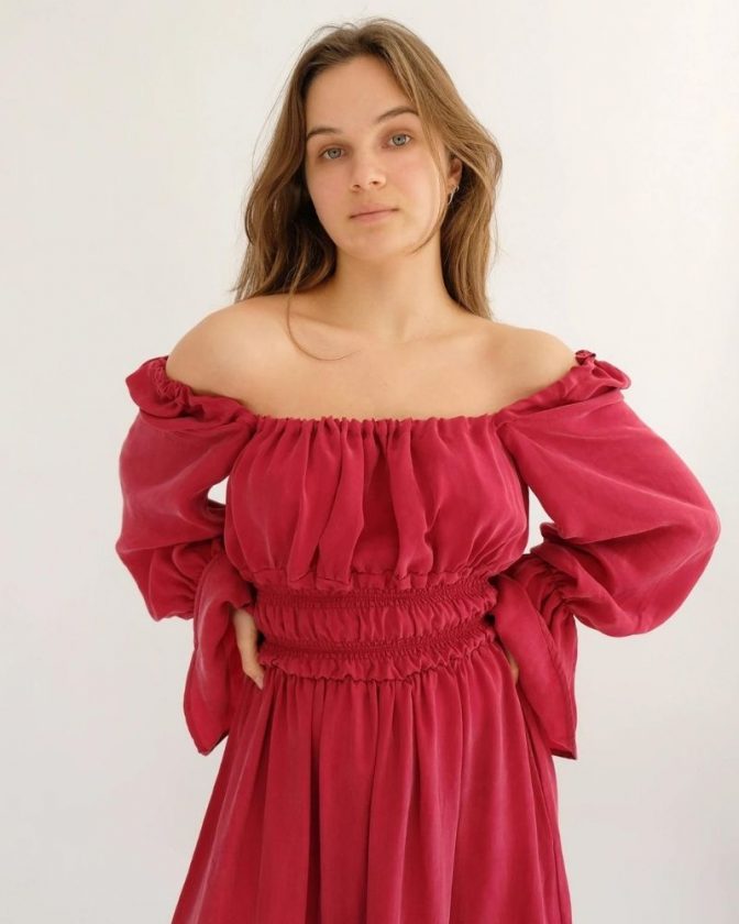 Red ruffle off the shoulder dress from slow fashion brand OhSevenDays