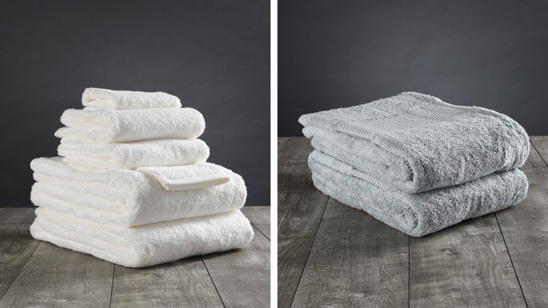 Plush organic cotton towels in white and light blue