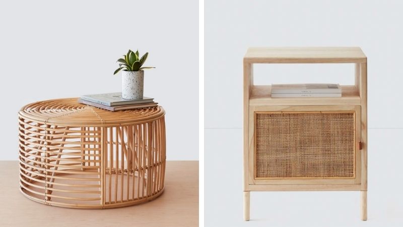 natural rattan coffee table and solid wood nightstand from The Citizenry