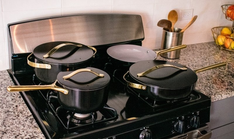 black and gold cookware from Caraway for a sustainable kitchen