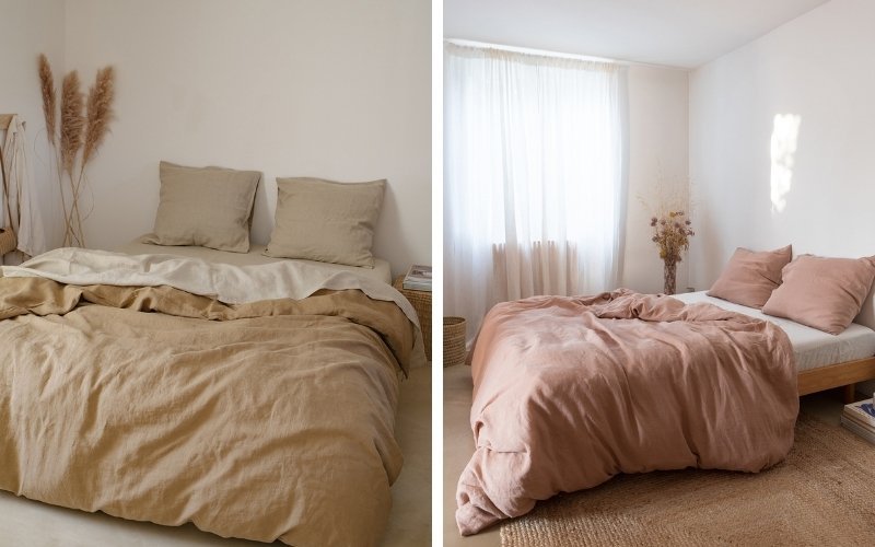Cozy sustainable linen bedding from April Notes in yellow and clay