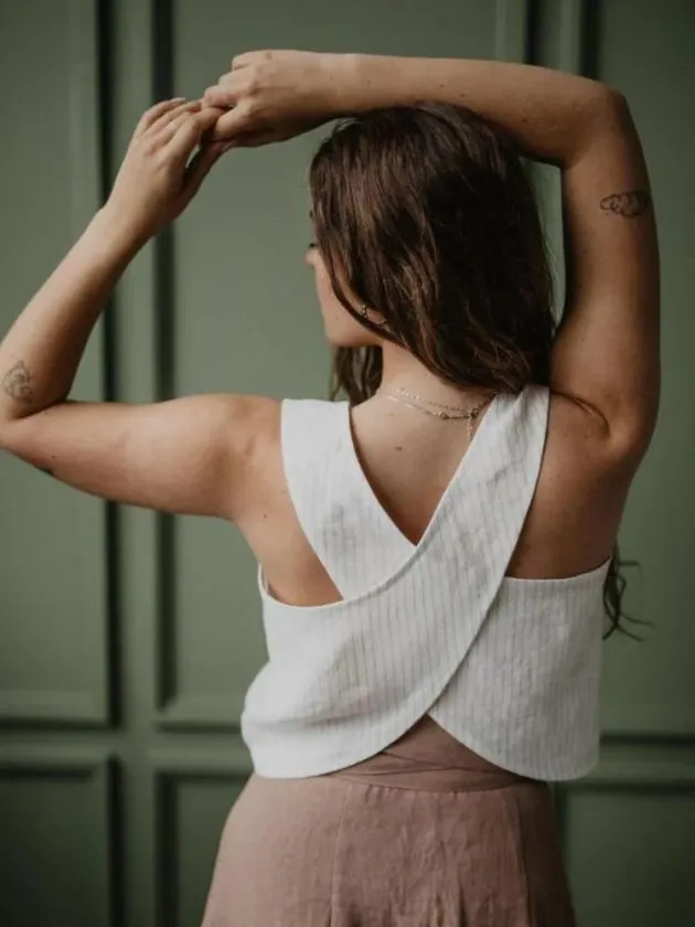 back of white linen top from sustainable linen clothing brand AmourLinen