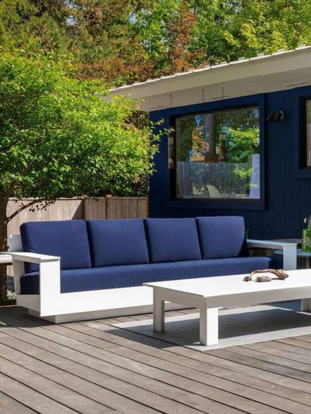blue and white sustainable outdoor sofa made from recycled materials