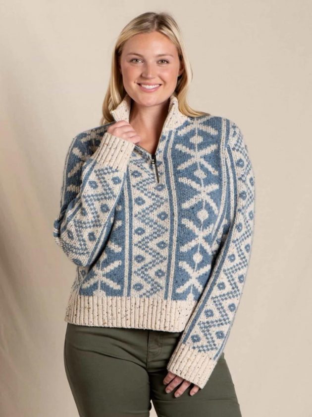 blue and white patterned sustainable sweater